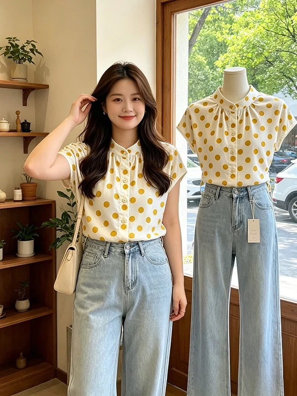 Retro Polka Dot round Neck Shirt Women's plus Size Slimming Waist Cinched Summer Top Breathable Comfortable Short Sleeve
Retro Polka Dot round Neck Shirt Women's plus Size Slimming Waist Cinched Summer Top Breathable Comfortable Short Sleeve
