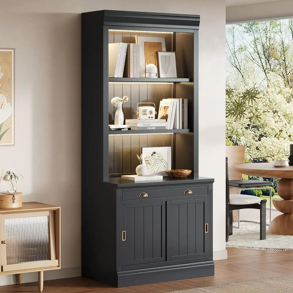 83.4 Tall LED-Lit Bookcase with Sliding Door and Open Shelves, Ideal for Living Room or Home Office in Black
83.4 Tall LED-Lit Bookcase with Sliding Door and Open Shelves, Ideal for Living Room or Home Office in Black