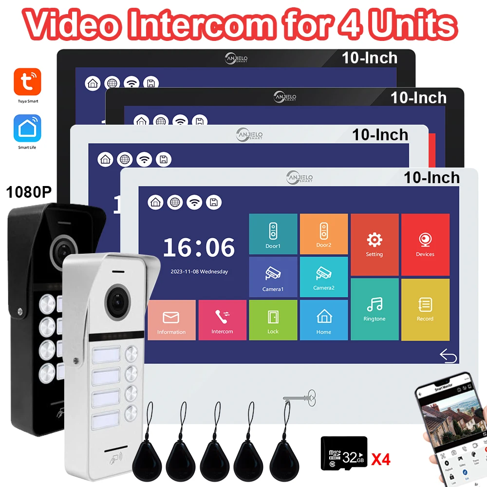 Wifi Video Intercom Kit for 4 Units Apartment 10 Inch Monitor 1080P Doorbell Camera Home Security Video Door Phone Unlock Card
Wifi Video Intercom Kit for 4 Units Apartment 10 Inch Monitor 1080P Doorbell Camera Home Security Video Door Phone Unlock Card