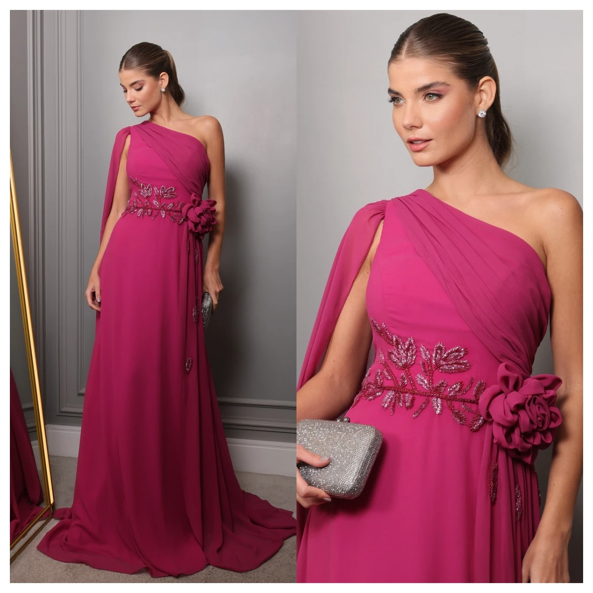 Customized Exquisite Fuchsia Chiffon Evening Dress One Shoulder Sleeveless Homecoming Dress Appliques Celebrity Gowns
Customized Exquisite Fuchsia Chiffon Evening Dress One Shoulder Sleeveless Homecoming Dress Appliques Celebrity Gowns