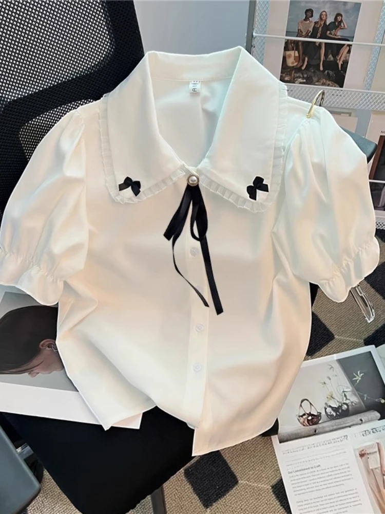 Preppy Style Short Sleeve Blouses Peter Pan Collar Bow Patchwork Contrast Color Shirts Fashion Sweet Design Women Clothing 2025
Preppy Style Short Sleeve Blouses Peter Pan Collar Bow Patchwork Contrast Color Shirts Fashion Sweet Design Women Clothing 2025