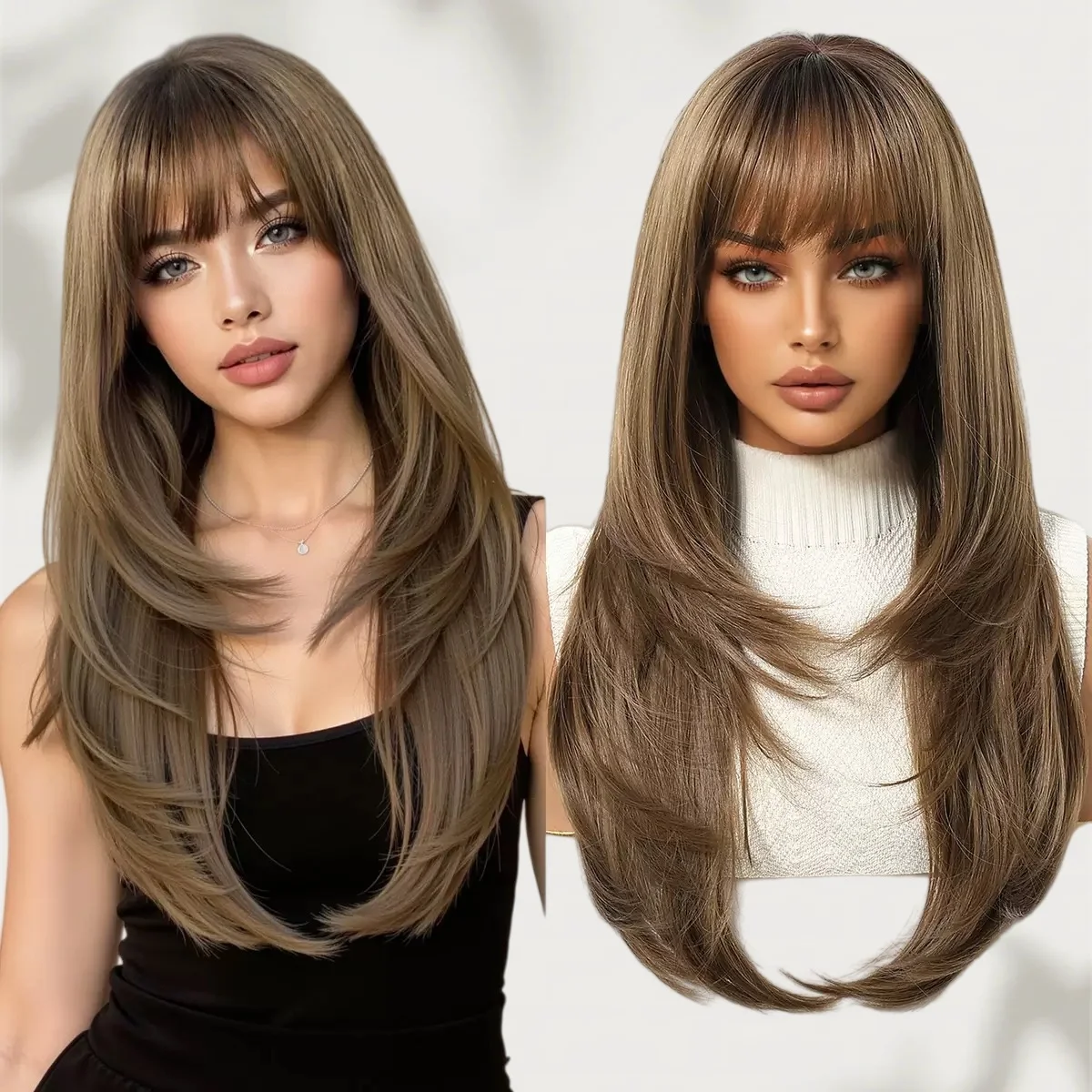 Multicolour layered wig for women with straight bangs, grey-brown gradient rose colour, mesh natural everyday wear summer wig
Multicolour layered wig for women with straight bangs, grey-brown gradient rose colour, mesh natural everyday wear summer wig