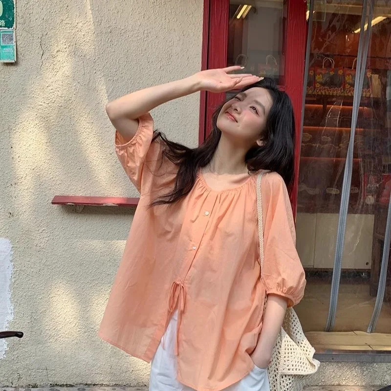 Lightweight Short Sleeve Women's Shirt Korean Style Orange Loose Fit Beautiful Top French Style Lantern Sleeve Shirt
Lightweight Short Sleeve Women's Shirt Korean Style Orange Loose Fit Beautiful Top French Style Lantern Sleeve Shirt