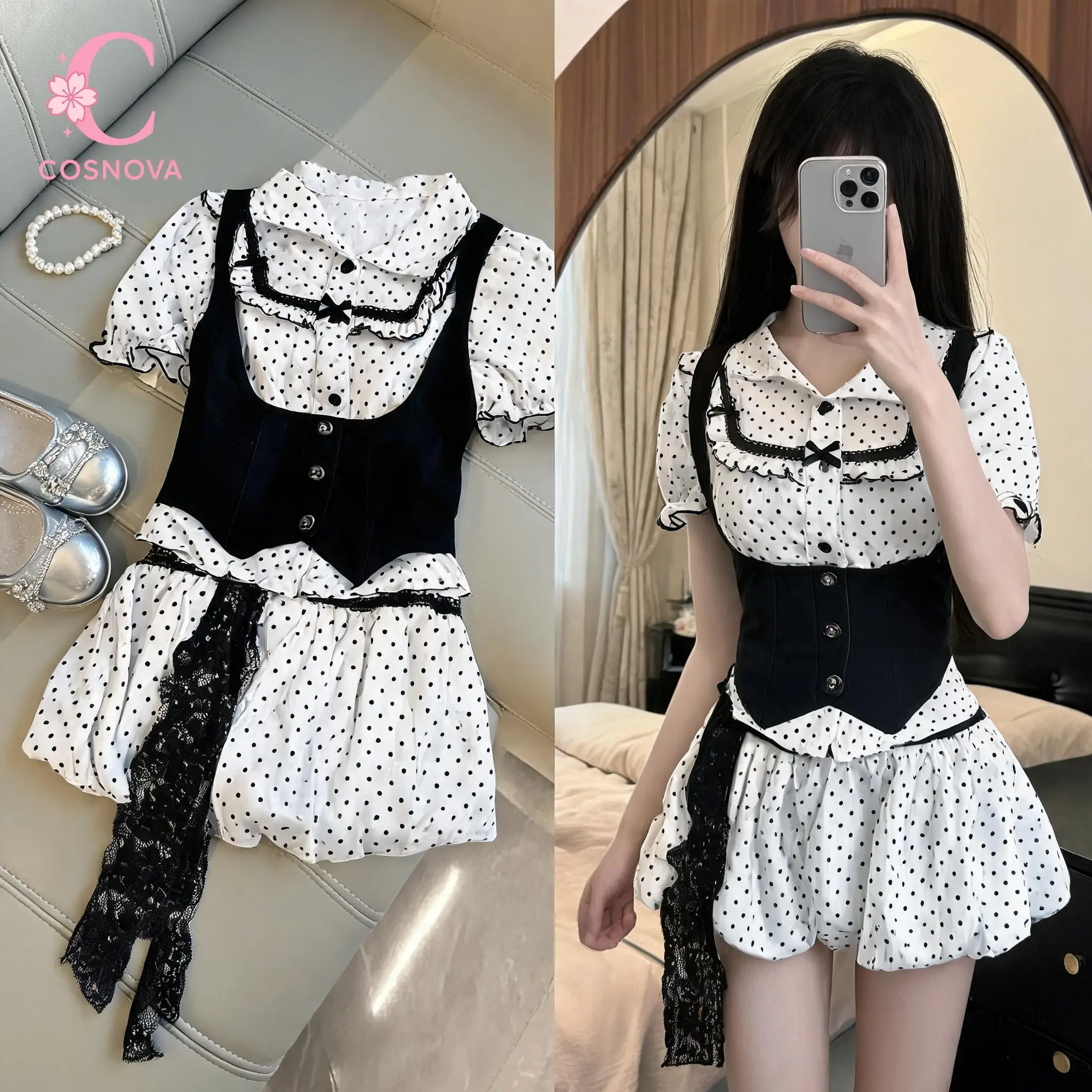 Kawaii Lolita Polka Dot 2 Piece Set Women Slim Fit Corset Puff Blouse High Waist Bud Skirt Bow Ruffle Lace Elegant Party Outfit
Kawaii Lolita Polka Dot 2 Piece Set Women Slim Fit Corset Puff Blouse High Waist Bud Skirt Bow Ruffle Lace Elegant Party Outfit