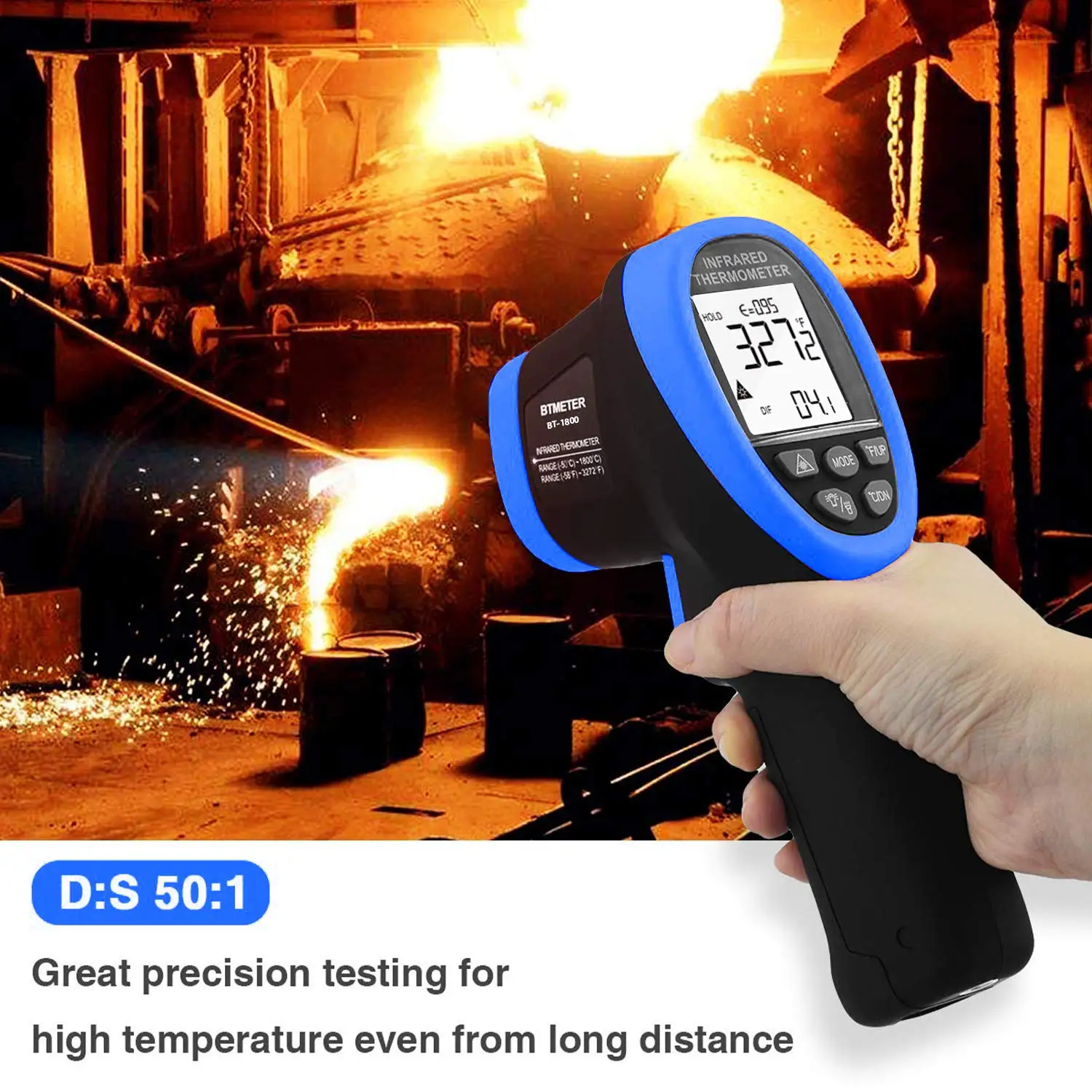 BT-1800 Non Contact Pyrometer High Temperature Infrared Thermometer Gun -58°F ~3272°F (-50~1800℃) DS 50:1 for Metal Melting
BT-1800 Non Contact Pyrometer High Temperature Infrared Thermometer Gun -58°F ~3272°F (-50~1800℃) DS 50:1 for Metal Melting