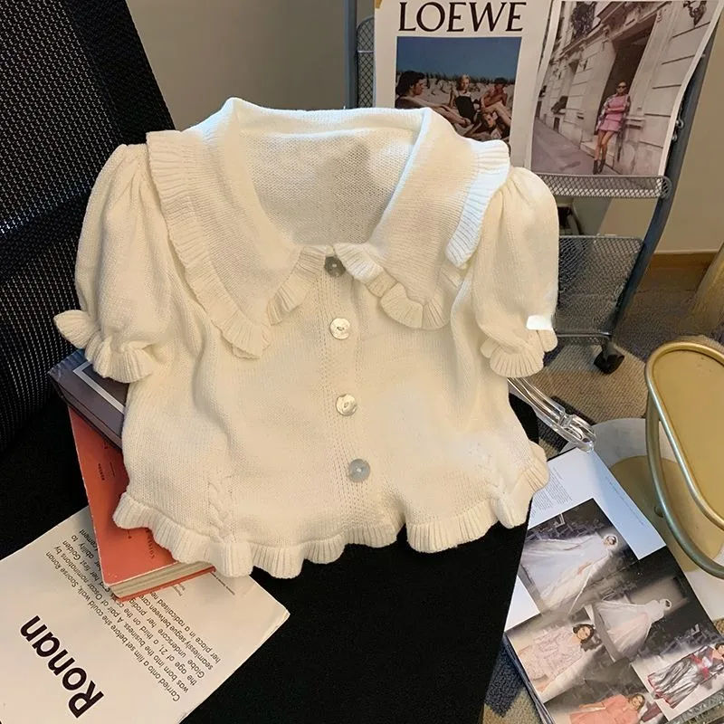 French Style Peter Pan Collar Ruffle Edge Short-sleeved Knitted Sweater Cardigan Women's Summer 2024 New Sweet Cropped Top
French Style Peter Pan Collar Ruffle Edge Short-sleeved Knitted Sweater Cardigan Women's Summer 2024 New Sweet Cropped Top