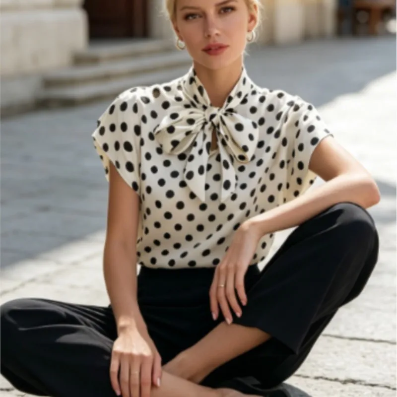 New Summer Short Sleeve Women Polka Dot Shirt Blouses Elegant Bow Neckline Office Lady Shirt Tops Female Fashion Blouse Tops
New Summer Short Sleeve Women Polka Dot Shirt Blouses Elegant Bow Neckline Office Lady Shirt Tops Female Fashion Blouse Tops