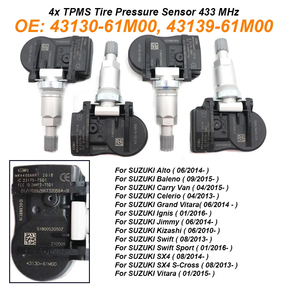 4 шт. TPMS датчик давления в шинах 433 МГц 43130-61M00 43139-61M00 для SUZUKI Alto Baleno Carry Van Celerio 4313061M00 4313961M00
4 шт. TPMS датчик давления в шинах 433 МГц 43130-61M00 43139-61M00 для SUZUKI Alto Baleno Carry Van Celerio 4313061M00 4313961M00
