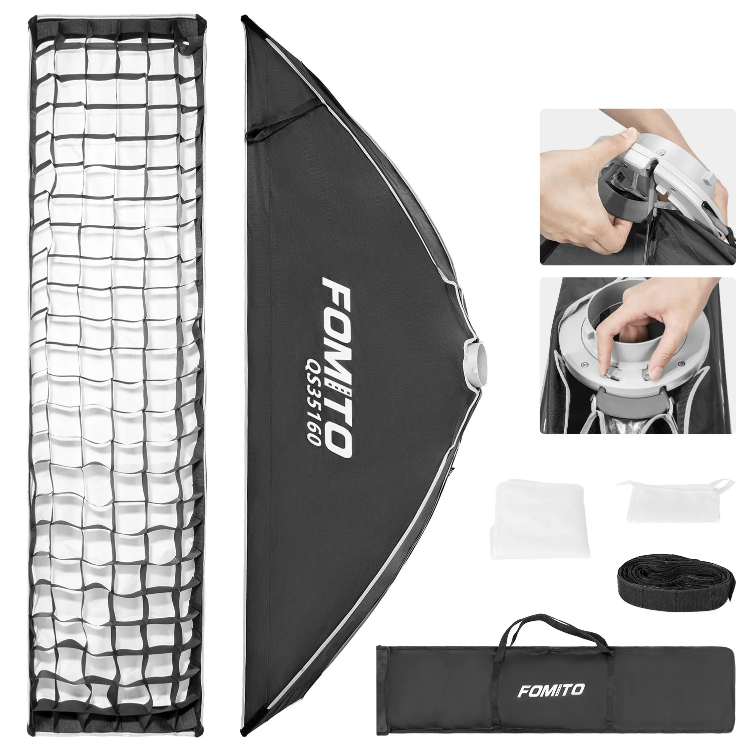 FOMITO 14" x 63" Quick Release Strip Softbox 35x160cm Rectangular Bowens Mount Light Box with Beam Grid
FOMITO 14" x 63" Quick Release Strip Softbox 35x160cm Rectangular Bowens Mount Light Box with Beam Grid