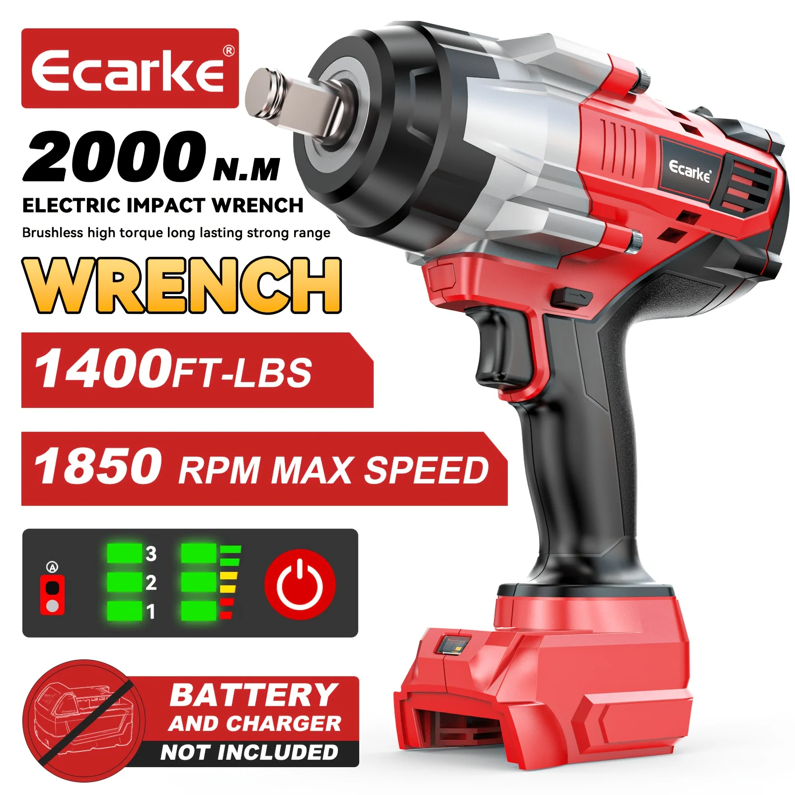 Ecarke Cordless Impact Wrench 1/2 Inch Compatible for 18V Battery, 1000Ft-lbs(1360N.m) Impact Wrench High Torque Impact Driver, Brushless Electric Gun with 4 Mode Speed, LED Light, Suitable for Cars/Tool Gifts (No Battery)
Ecarke Cordless Impact Wrench 1/2 Inch Compatible for 18V Battery, 1000Ft-lbs(1360N.m) Impact Wrench High Torque Impact Driver, Brushless Electric Gun with 4 Mode Speed, LED Light, Suitable for Cars/Tool Gifts (No Battery)
