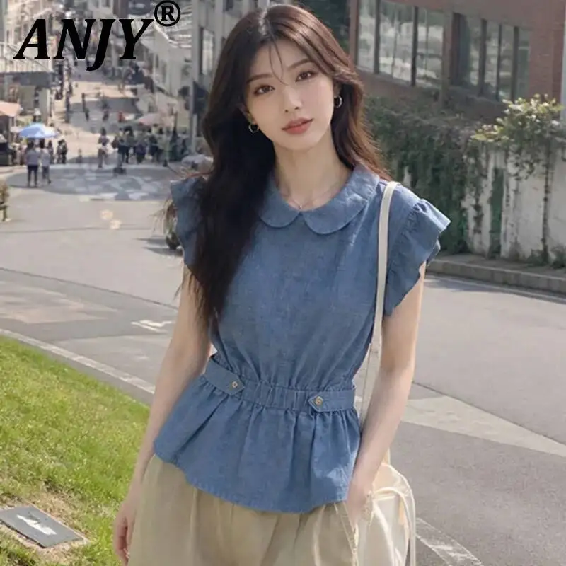 ANJY Spring Summer New Women French Style Sweet Peter Pan Collar Denim Shirt Design Niche Waist-cinching Short Sleeve Top A25171
ANJY Spring Summer New Women French Style Sweet Peter Pan Collar Denim Shirt Design Niche Waist-cinching Short Sleeve Top A25171