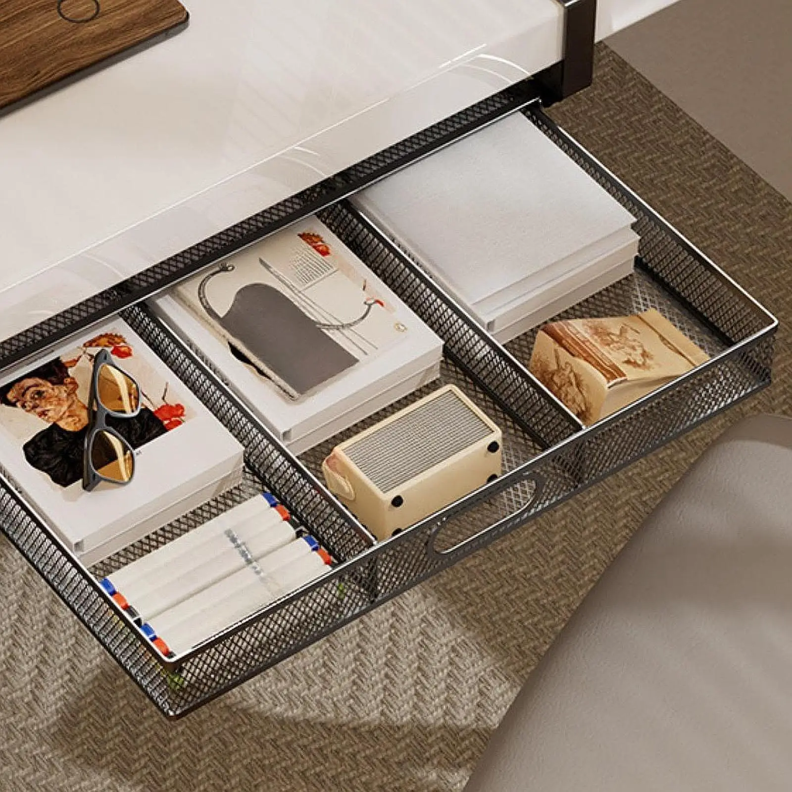 Under Desk Drawer Basket Space Saving Large Capacity Invisible Metal Slide Out for Household Home Desk Pantry Cupboard Office 
Under Desk Drawer Basket Space Saving Large Capacity Invisible Metal Slide Out for Household Home Desk Pantry Cupboard Office