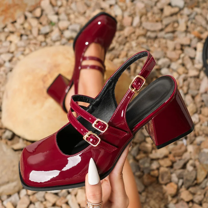 Mary Jane closed-toe backless women's sandals, summer square-toe chunky heel patent leather burgundy high heels
Mary Jane closed-toe backless women's sandals, summer square-toe chunky heel patent leather burgundy high heels