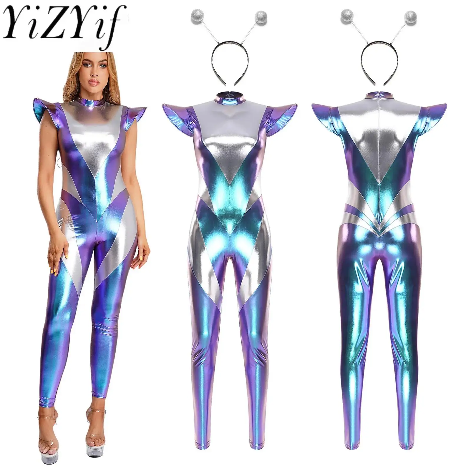 Women Halloween Astronaut Spaced Role Play Outfit with Hair Loop Set Fly Sleeve Metallic Shiny Jumpsuit for Carnival Party Raves
Women Halloween Astronaut Spaced Role Play Outfit with Hair Loop Set Fly Sleeve Metallic Shiny Jumpsuit for Carnival Party Raves