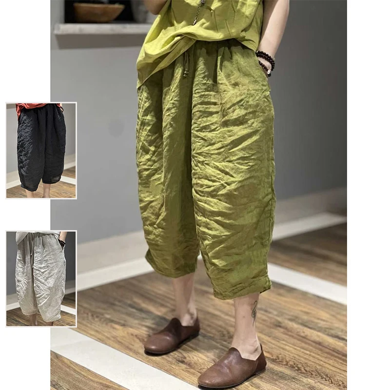 Retro Pleated Color Cotton Linen Breathable Casual Seven-Foot Pants Large Size Women's Waist Belted Elastic Harlan Pants
Retro Pleated Color Cotton Linen Breathable Casual Seven-Foot Pants Large Size Women's Waist Belted Elastic Harlan Pants