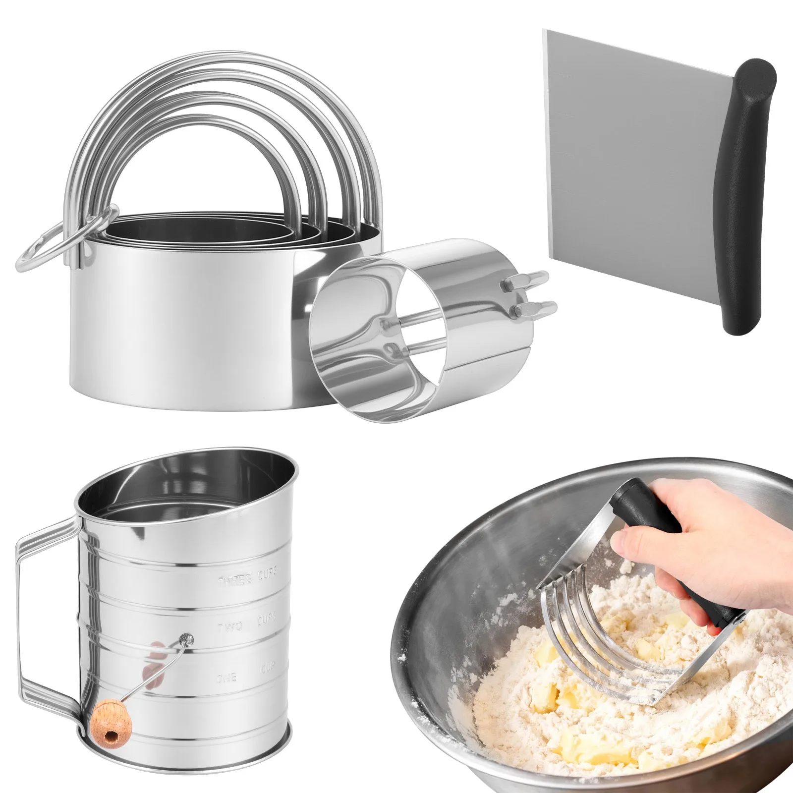 7/8pcs Biscuit Cutter Set, Pastry Scraper, Flour Sifter, Dough Blender, Round Cookies Cutter with Handle Baking Dough Tools
7/8pcs Biscuit Cutter Set, Pastry Scraper, Flour Sifter, Dough Blender, Round Cookies Cutter with Handle Baking Dough Tools