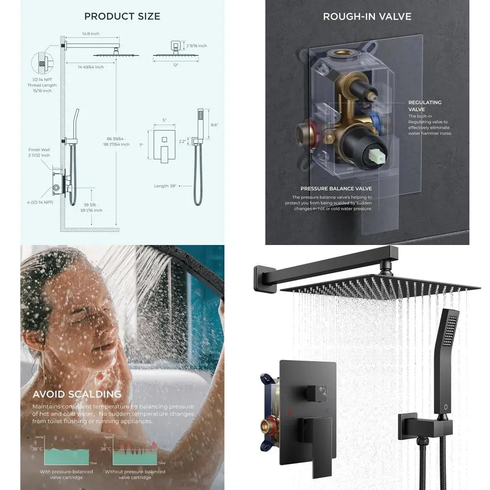 12 Rain Shower Head System with Handheld, Solid Brass, Pressure Balanced Wall Mount Fixture
12 Rain Shower Head System with Handheld, Solid Brass, Pressure Balanced Wall Mount Fixture