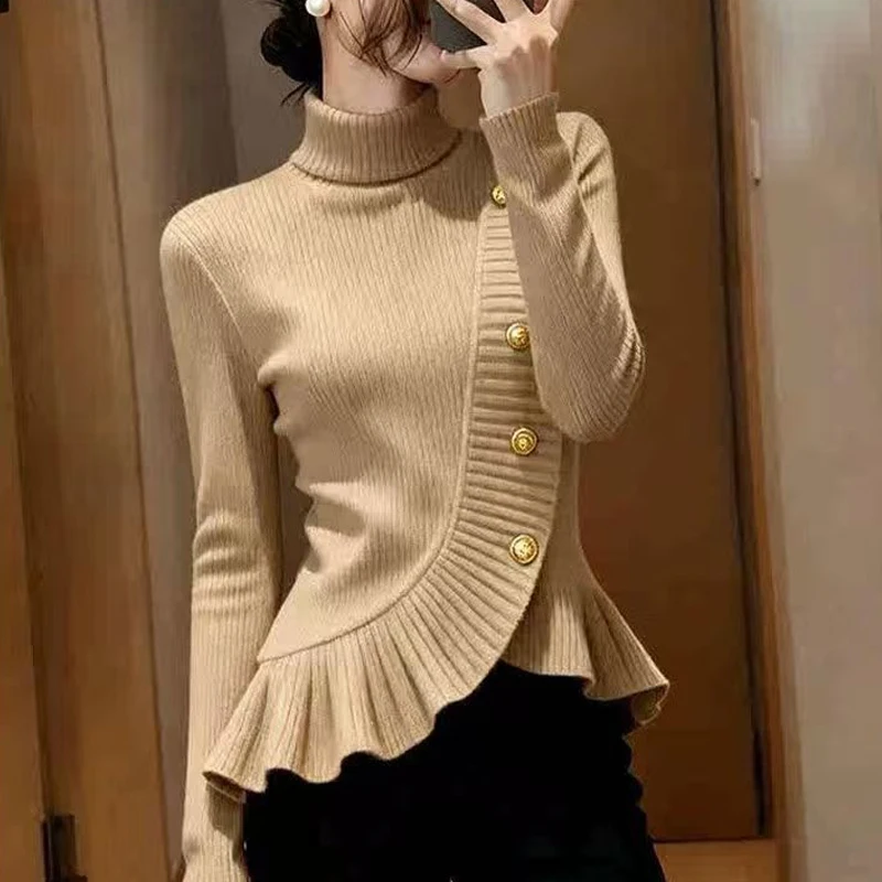 Korean Fashion Turtleneck Sweater Autumn Winter Long Sleeve Knitted Shirt Single-breasted Ruffles Women Pullovers Tops
Korean Fashion Turtleneck Sweater Autumn Winter Long Sleeve Knitted Shirt Single-breasted Ruffles Women Pullovers Tops