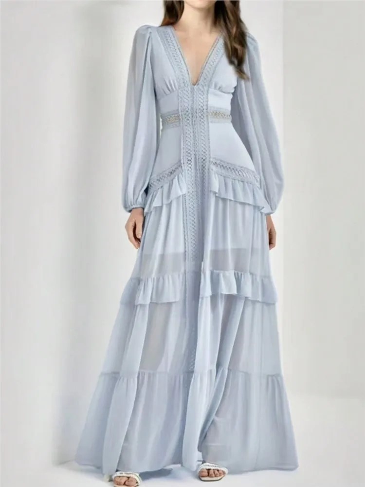 Summer Women Long Dresses Sexy Deep V-Neck Lantern Long Sleeve Hollow Out High Waist Dress Ruffle Patchwork Lady Chic Split Robe
Summer Women Long Dresses Sexy Deep V-Neck Lantern Long Sleeve Hollow Out High Waist Dress Ruffle Patchwork Lady Chic Split Robe