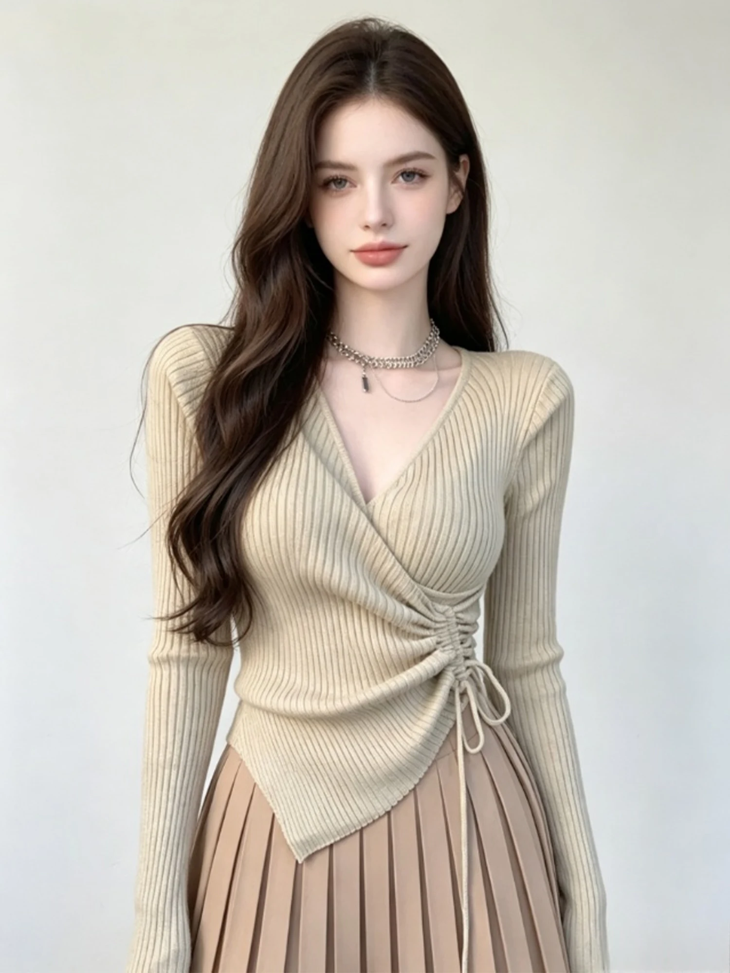Women Apricot Irregular V-Neck Long Sleeve Knit Sweater Y2k Vintage Cropped Sweater Korean Slim Basic Top for Women Autumn 2026
Women Apricot Irregular V-Neck Long Sleeve Knit Sweater Y2k Vintage Cropped Sweater Korean Slim Basic Top for Women Autumn 2026