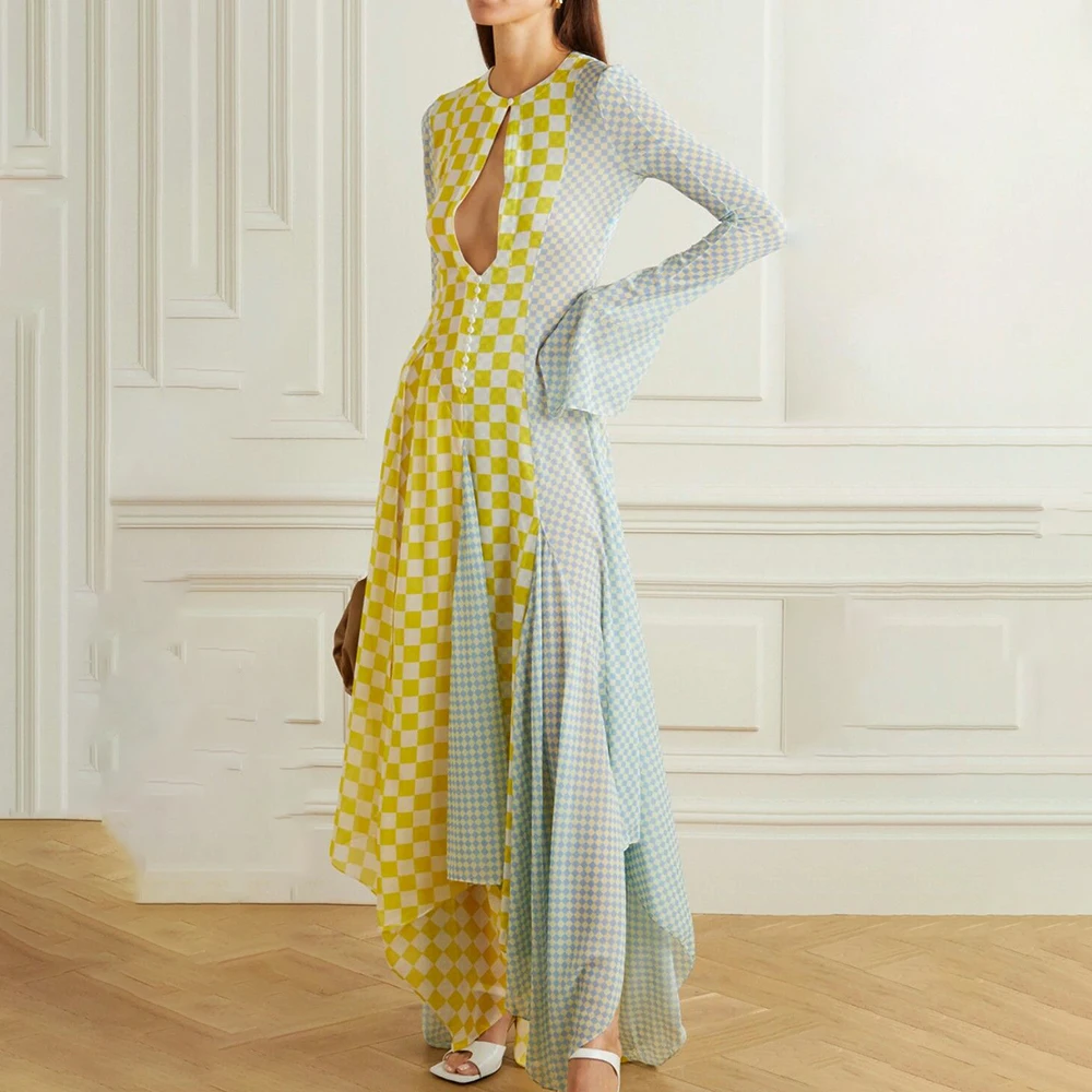 Elegant Patchwork Plaid Dinner Party Dresses Button Inserts Long Sleeves Asymmetric Vibrant Evening Gown for Performance
Elegant Patchwork Plaid Dinner Party Dresses Button Inserts Long Sleeves Asymmetric Vibrant Evening Gown for Performance