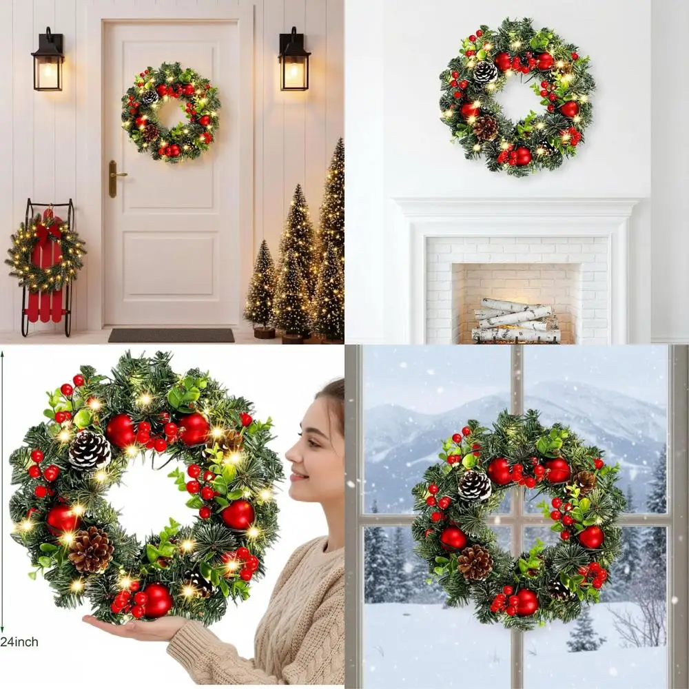 24 Artificial Christmas Wreath with Lights, Pine Cones, and Berries for Holiday Decor
24 Artificial Christmas Wreath with Lights, Pine Cones, and Berries for Holiday Decor