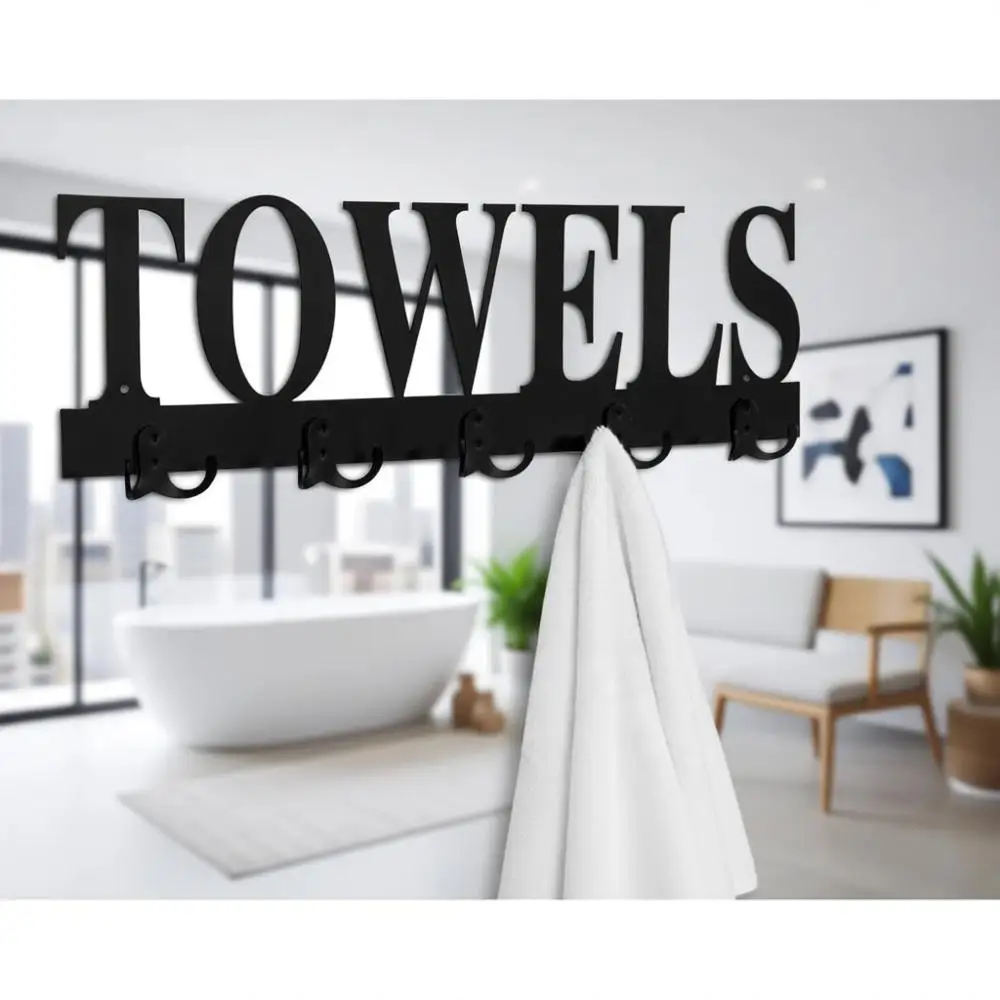 Wall-Mounted 5-Hook Bath Towel Rack with Decorative Cutout, Black Metal for Bathroom or Kitchen
Wall-Mounted 5-Hook Bath Towel Rack with Decorative Cutout, Black Metal for Bathroom or Kitchen