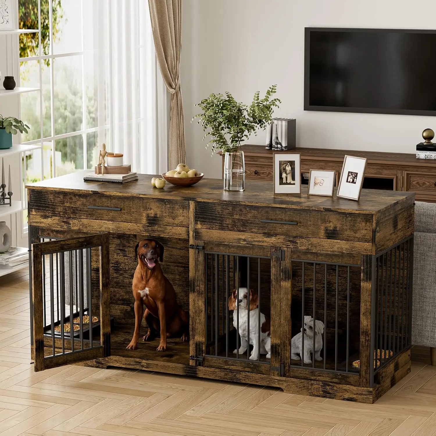 Dog Crate Furniture, 72.05 Inch Wooden Large Dog Kennel with 2 Drawers & Dog Bowls,colors available for your choice
Dog Crate Furniture, 72.05 Inch Wooden Large Dog Kennel with 2 Drawers & Dog Bowls,colors available for your choice