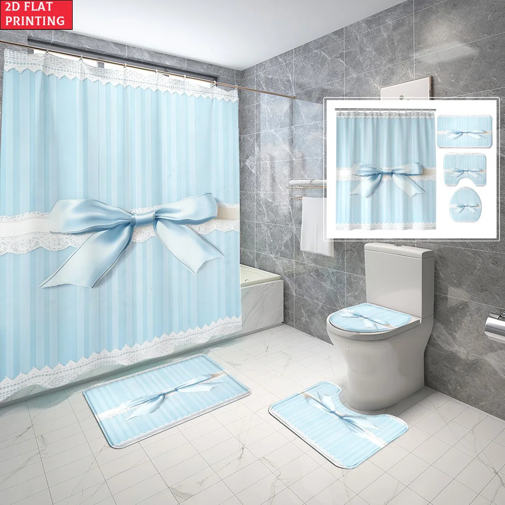 1pc/4pcs Shower Curtain and Bath Mat Set with Light Blue Stripes With Bow And Lace Trim Non-Slip Bathroom Decor, with 12 hooks
1pc/4pcs Shower Curtain and Bath Mat Set with Light Blue Stripes With Bow And Lace Trim Non-Slip Bathroom Decor, with 12 hooks