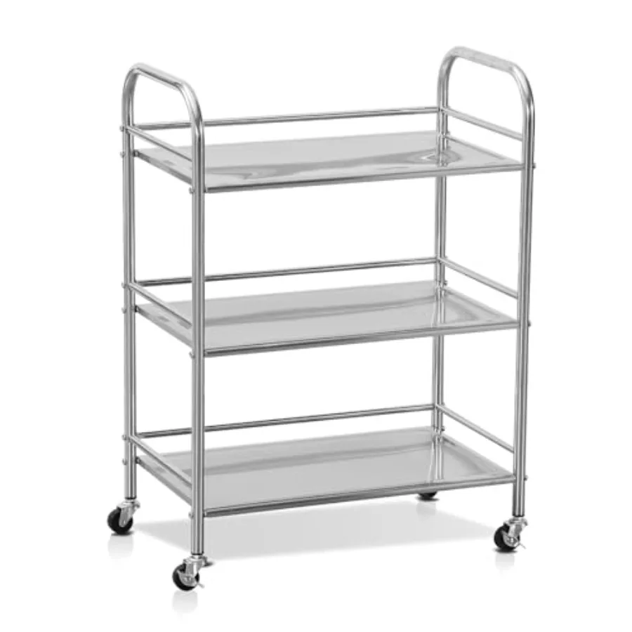 Stainless Steel Utility Cart - 3-Tire Metal Rolling Small Service Cart on Wheels for Salon Labs Clinic - Flat Top Kitchen Stora
Stainless Steel Utility Cart - 3-Tire Metal Rolling Small Service Cart on Wheels for Salon Labs Clinic - Flat Top Kitchen Stora
