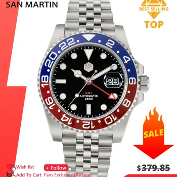 San Martin GMT 남성용 럭셔리 시계, 쥬빌리 팔찌, 양방향 세라믹 베젤, 사파이어 사이클롭스, 방수, 20Bar, BGW-9 발광