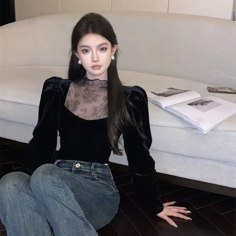 New Pure Desire Style Lace Splicing Long Sleeve T-shirt Sweet and Spicy Girl Half High Collar Slimming Bottom Shirt Top Women
New Pure Desire Style Lace Splicing Long Sleeve T-shirt Sweet and Spicy Girl Half High Collar Slimming Bottom Shirt Top Women