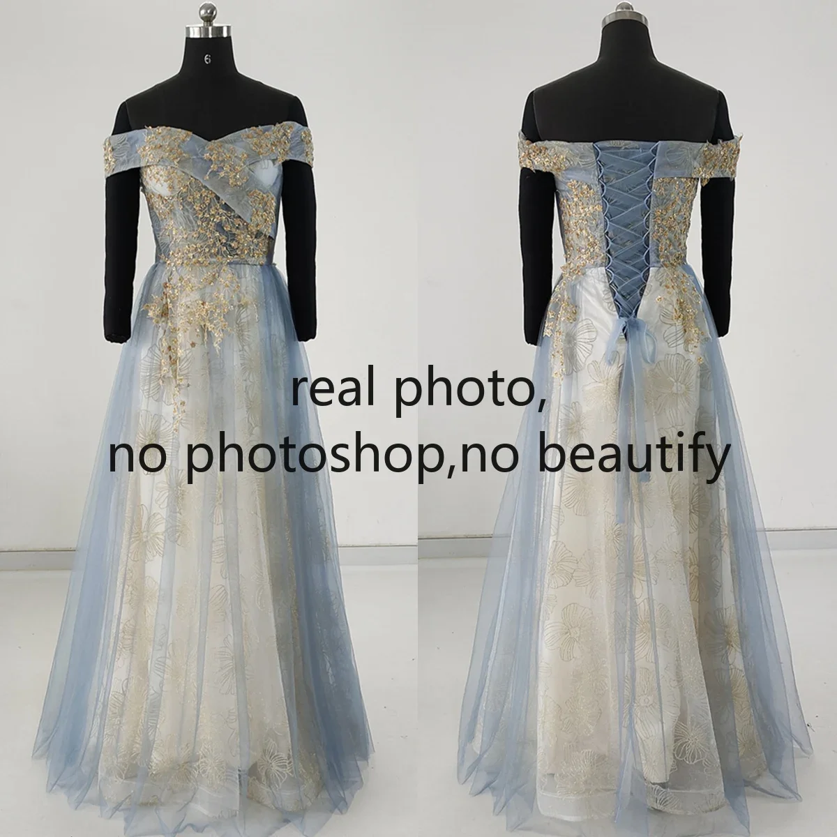 Real Photo Evening Dress Blue Tulle Golden Appliques Off the Shoulder A-line Floor Length Plus size Women Party Formal Gowns
Real Photo Evening Dress Blue Tulle Golden Appliques Off the Shoulder A-line Floor Length Plus size Women Party Formal Gowns