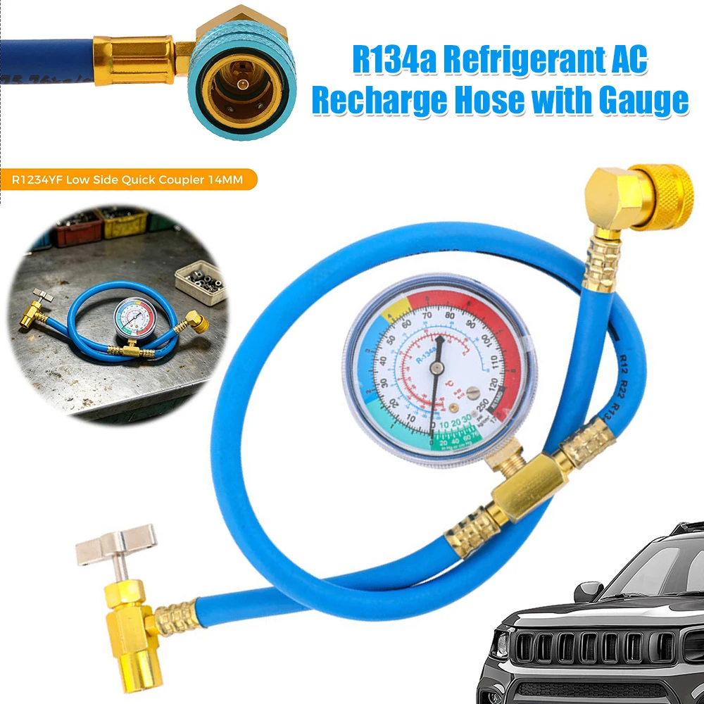 R134a AC Charge Hose with Gauge AC Refrigerant Charging Hose Measuring Kit with 1/2in Can Tap Valve & Low Side Quick Coupler
R134a AC Charge Hose with Gauge AC Refrigerant Charging Hose Measuring Kit with 1/2in Can Tap Valve & Low Side Quick Coupler