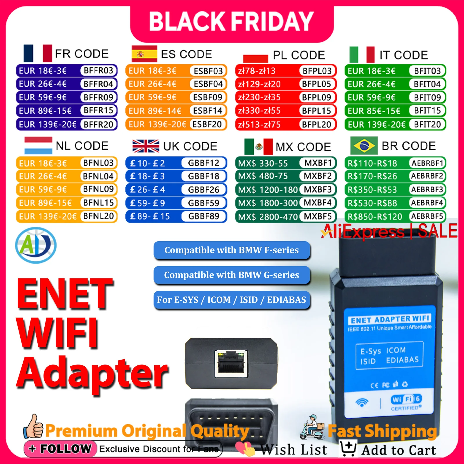 ENET Adapter WiFi for BMW F/G Series Coding OBD2 Diagnostic Ethernet Adapter Supports For BimmerCode/link,Bootmod3,xDelete,MHD
ENET Adapter WiFi for BMW F/G Series Coding OBD2 Diagnostic Ethernet Adapter Supports For BimmerCode/link,Bootmod3,xDelete,MHD