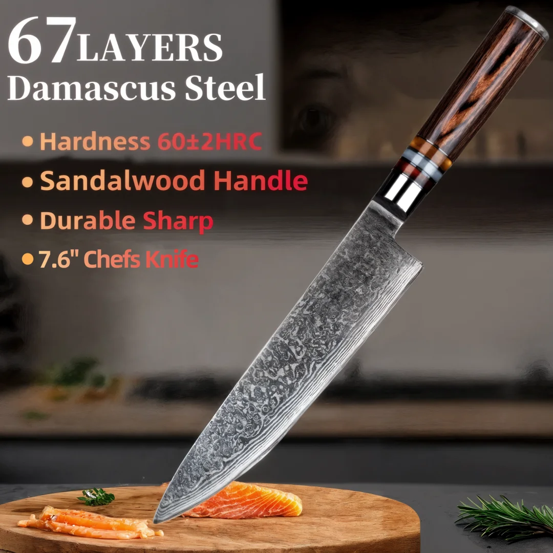 Нож шеф-повара из углеродистой стали, кухонный нож, прецизионный нож, профессиональный 67-слойный кухонный нож из дамасской стали с трехцветной ручкой 
Нож шеф-повара из углеродистой стали, кухонный нож, прецизионный нож, профессиональный 67-слойный кухонный нож из дамасской стали с трехцветной ручкой