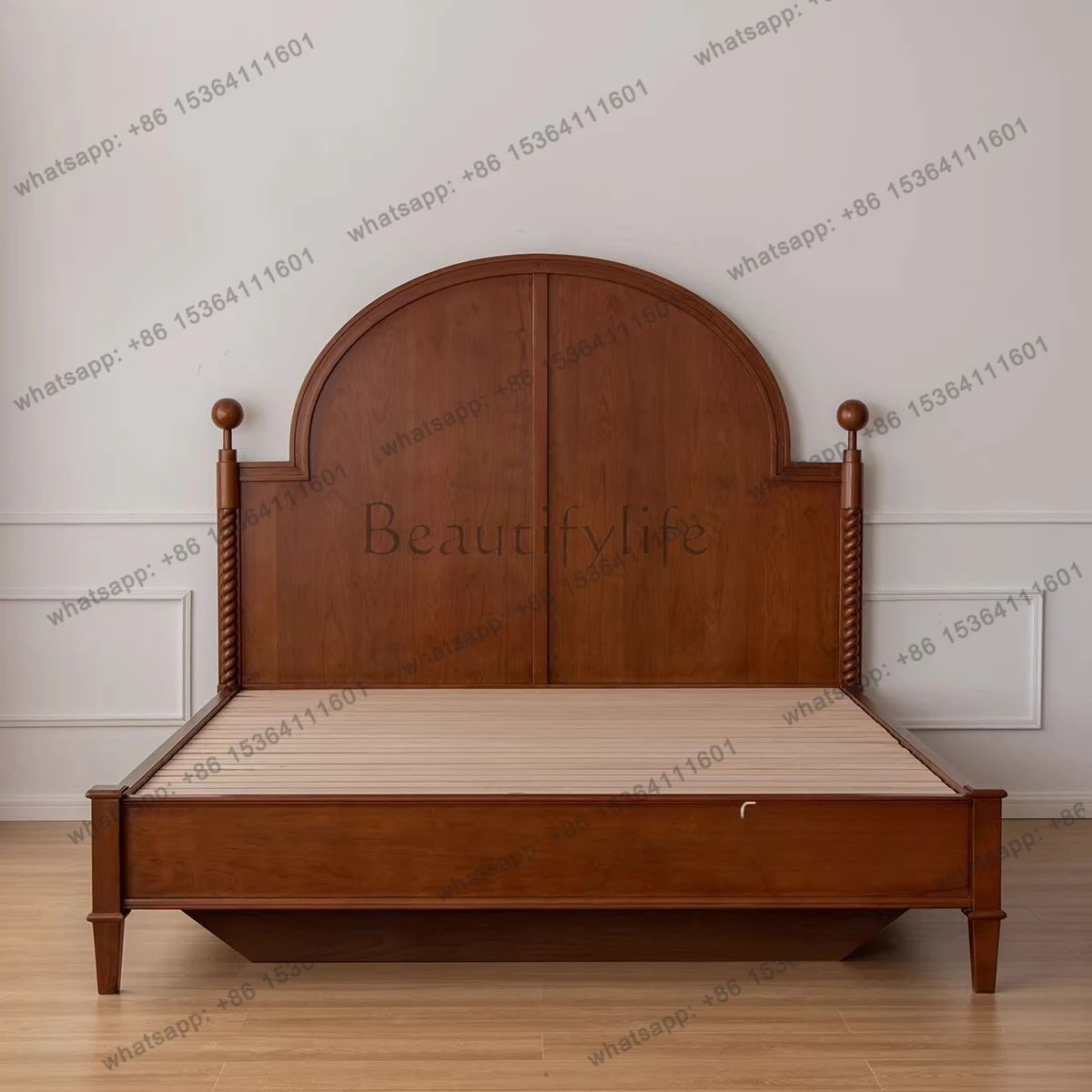 French retro solid wood double bed cherry wood high backrest box storage bed
French retro solid wood double bed cherry wood high backrest box storage bed