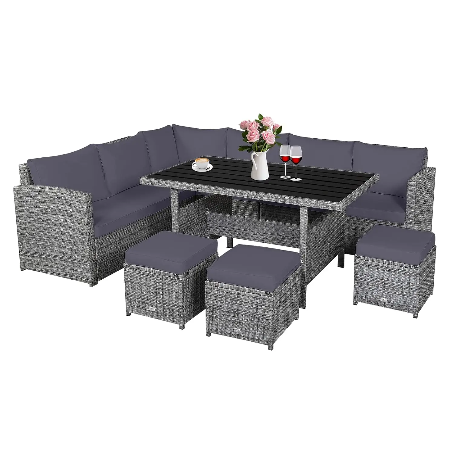 Комплект садовой мебели из ротанга из 7 предметов: диван, обеденный стол и пуфы с мягкими подушками для заднего двора, на заказ
Комплект садовой мебели из ротанга из 7 предметов: диван, обеденный стол и пуфы с мягкими подушками для заднего двора, на заказ