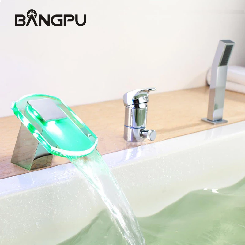 Three Hole LED Waterfall Tub Faucet Kit with Hand Shower Deck Mounted Bathroom Bathtub Faucet Set with Handheld Shower Chrome
Three Hole LED Waterfall Tub Faucet Kit with Hand Shower Deck Mounted Bathroom Bathtub Faucet Set with Handheld Shower Chrome