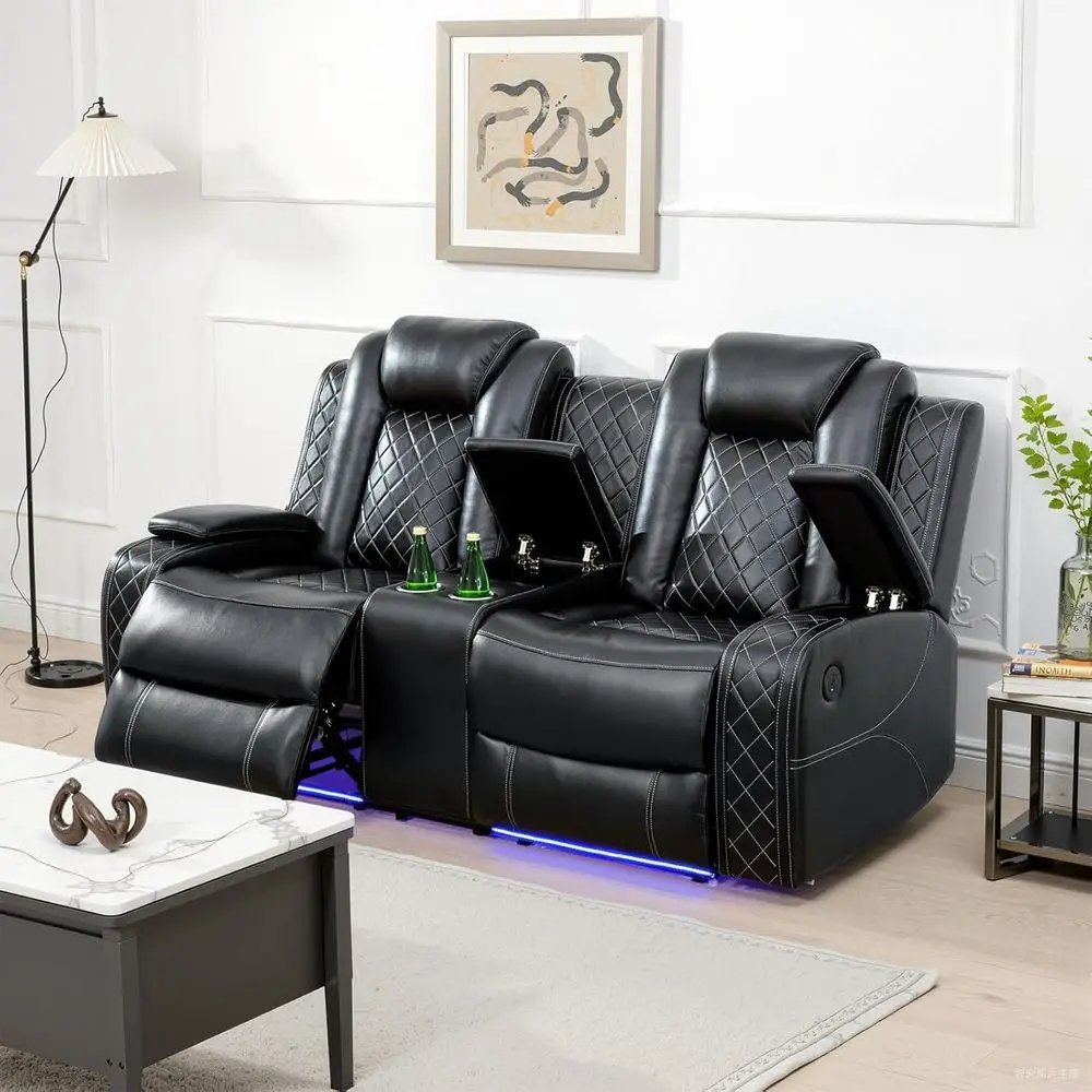 LED-Lit Power Reclining Sofa Set with Cup Holders, Storage, and Auxiliary Leather Loveseat in Black for Home Theater Seating
LED-Lit Power Reclining Sofa Set with Cup Holders, Storage, and Auxiliary Leather Loveseat in Black for Home Theater Seating