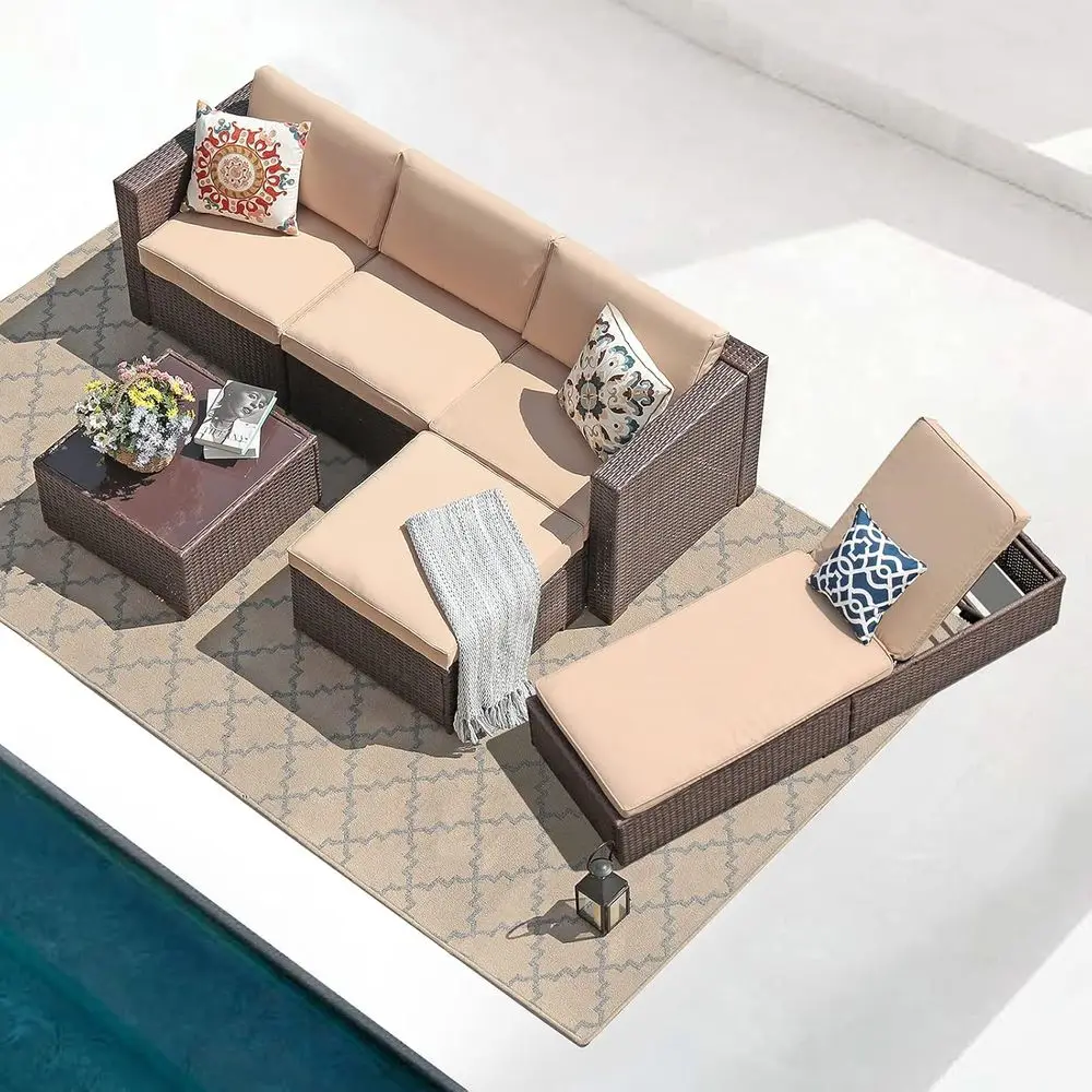 6-Piece All-Weather Brown Wicker Patio Sectional Set with Adjustable Chaise Lounge and Coffee Table, Beige Cushions
6-Piece All-Weather Brown Wicker Patio Sectional Set with Adjustable Chaise Lounge and Coffee Table, Beige Cushions