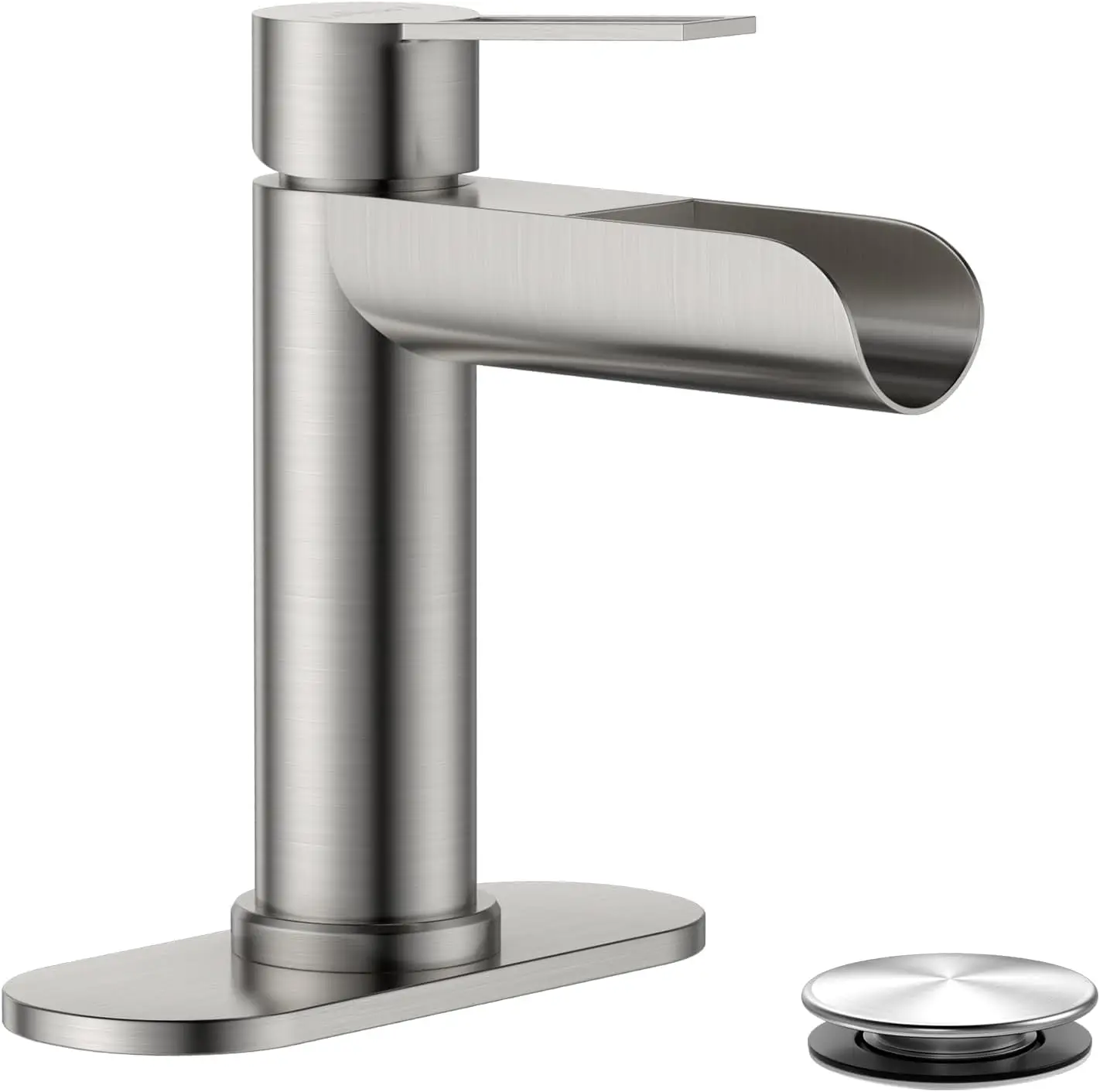 Brushed Nickel Bathroom Sink Faucet, Waterfall Bathroom Faucet Single Hole with Pop-Up Drain and Deck Plate, Single Handl
Brushed Nickel Bathroom Sink Faucet, Waterfall Bathroom Faucet Single Hole with Pop-Up Drain and Deck Plate, Single Handl