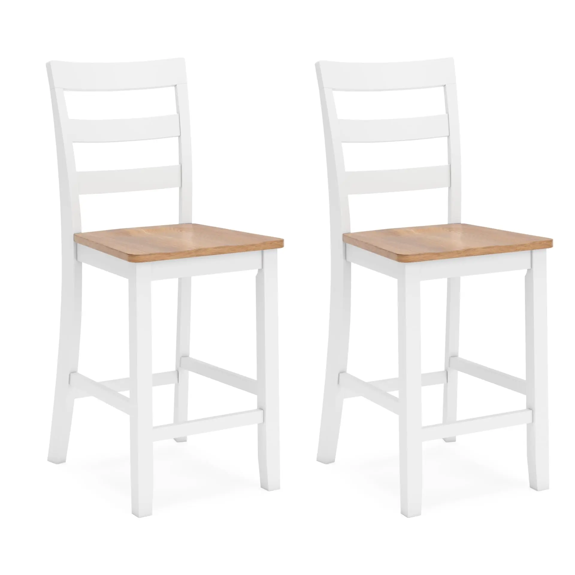Two White Wooden Counter Stools With Natural Wood Seat And Ladder Back Design
Two White Wooden Counter Stools With Natural Wood Seat And Ladder Back Design