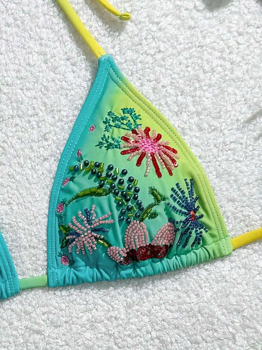 Ombre Floral Beaded Triangle Bikini Top Halter Tie Swimwear For Women
Ombre Floral Beaded Triangle Bikini Top Halter Tie Swimwear For Women