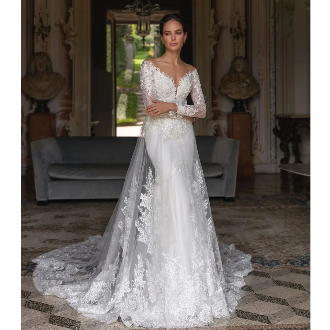 White Mermaid Wedding Dresses for Brides 2025 Long Sleeves Second Reception Gowns Lace Appliqued Tulle Robe De Soirée Customized
White Mermaid Wedding Dresses for Brides 2025 Long Sleeves Second Reception Gowns Lace Appliqued Tulle Robe De Soirée Customized