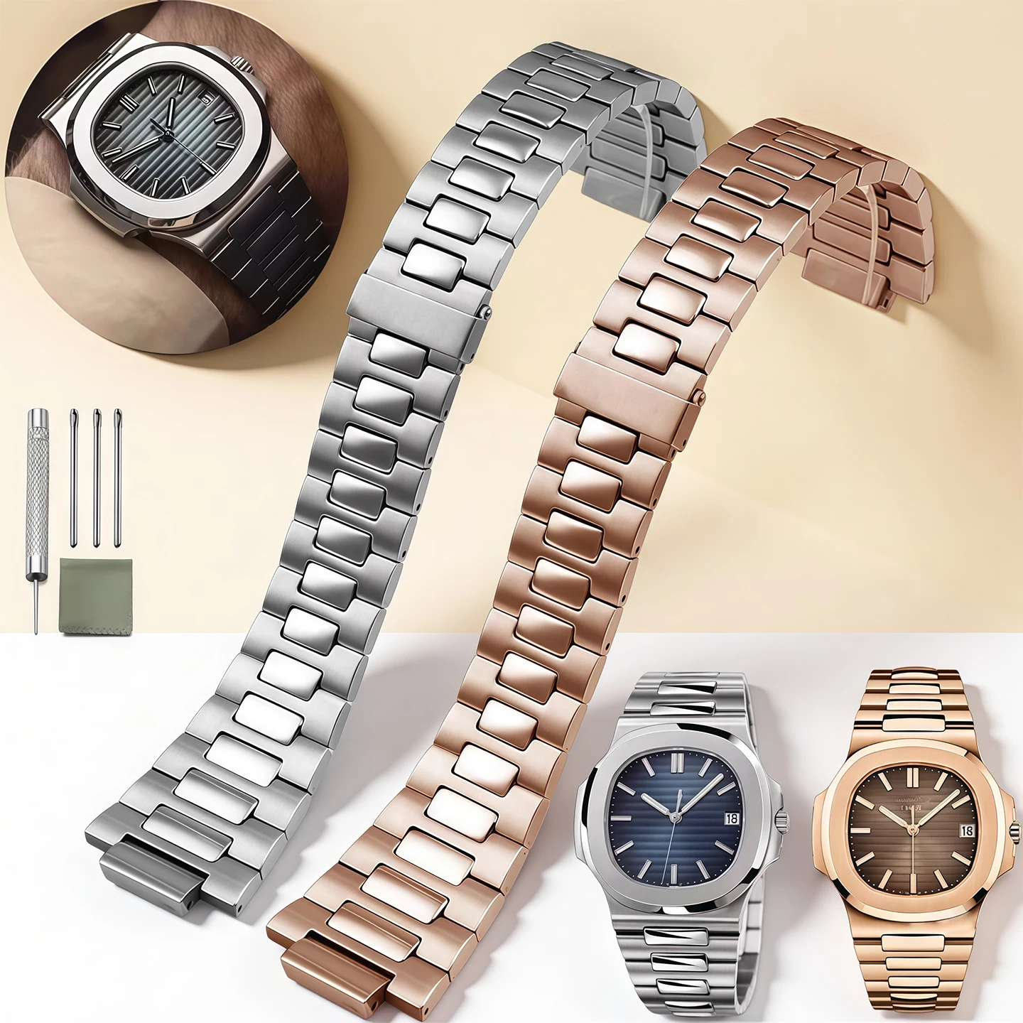 25*13mm Silver Stainless Steel Watch Strap For Patek Philippe Nautilus 5711 5726 Series Watchband Bracelet Metal Folding buckle
25*13mm Silver Stainless Steel Watch Strap For Patek Philippe Nautilus 5711 5726 Series Watchband Bracelet Metal Folding buckle