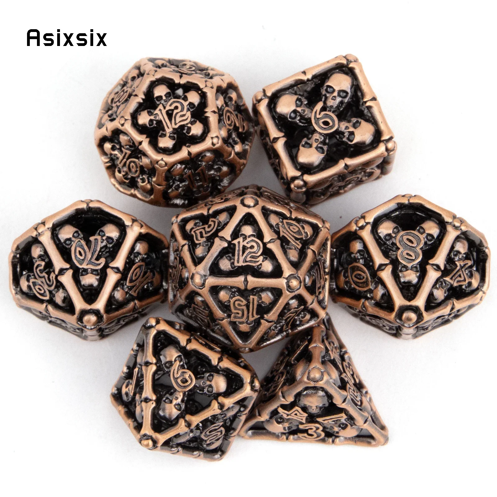 Metal Dice, Perfect For Tabletop Rpgs And Card Games 7 Pcs Coppery Skull Head Metal Dice Hollow Metal Polyhedral Dice Set Suitab
Metal Dice, Perfect For Tabletop Rpgs And Card Games 7 Pcs Coppery Skull Head Metal Dice Hollow Metal Polyhedral Dice Set Suitab