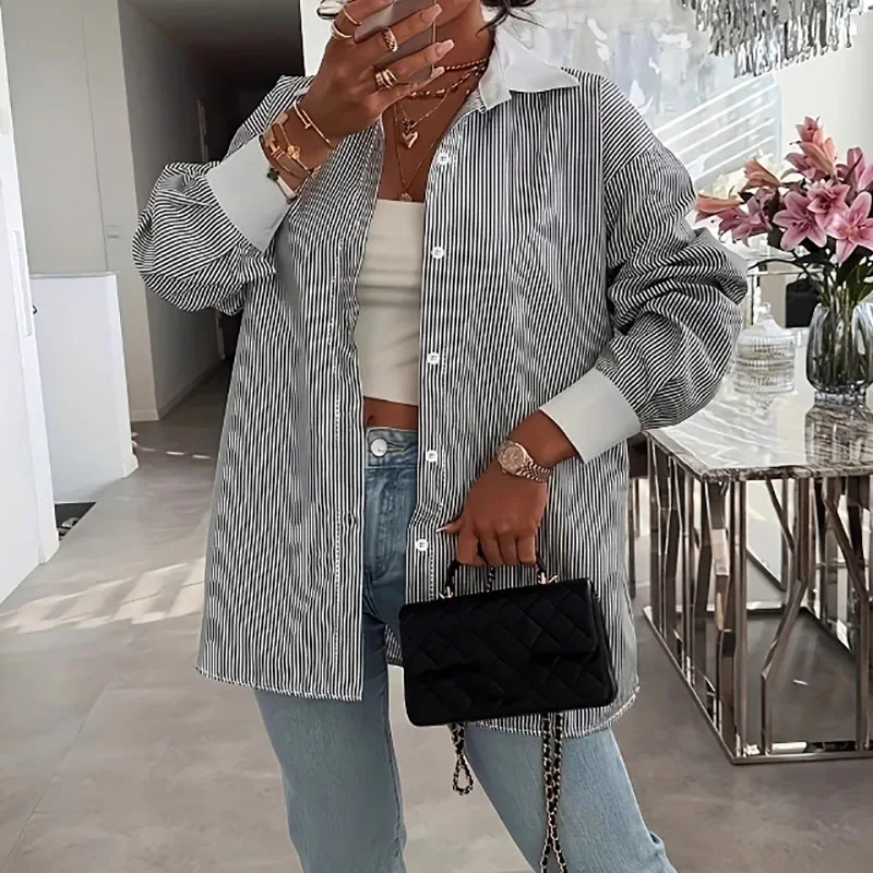 Women's Casual Long Sleeve Loose Commuting Blouse Fashion Stripes Print Office Tops Blusa Elegant Lapel Collar Temperament Shirt
Women's Casual Long Sleeve Loose Commuting Blouse Fashion Stripes Print Office Tops Blusa Elegant Lapel Collar Temperament Shirt