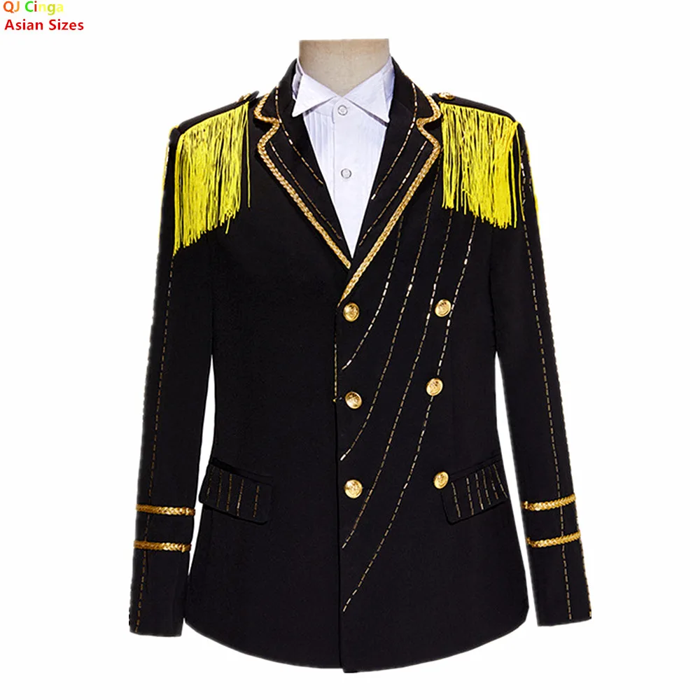 Men's Black Blazer with Fringe Detailing on The Shoulders, Perfect for Stage, Bar, or Singer Gold-buttoned suit Jacket.
Men's Black Blazer with Fringe Detailing on The Shoulders, Perfect for Stage, Bar, or Singer Gold-buttoned suit Jacket.