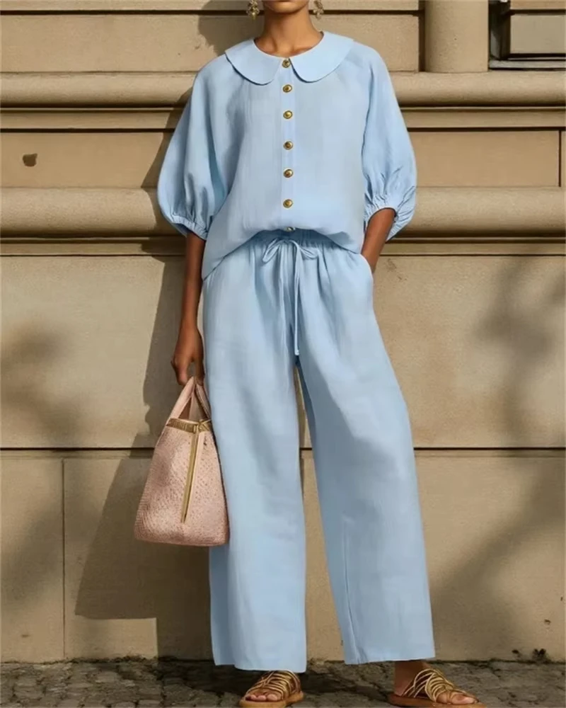 Summer Women's Fashion Cotton Linen Shirt And Pants Set with Lantern Sleeves Mid-Waist Drawstring - Amazon Cross-border 2026
Summer Women's Fashion Cotton Linen Shirt And Pants Set with Lantern Sleeves Mid-Waist Drawstring - Amazon Cross-border 2026